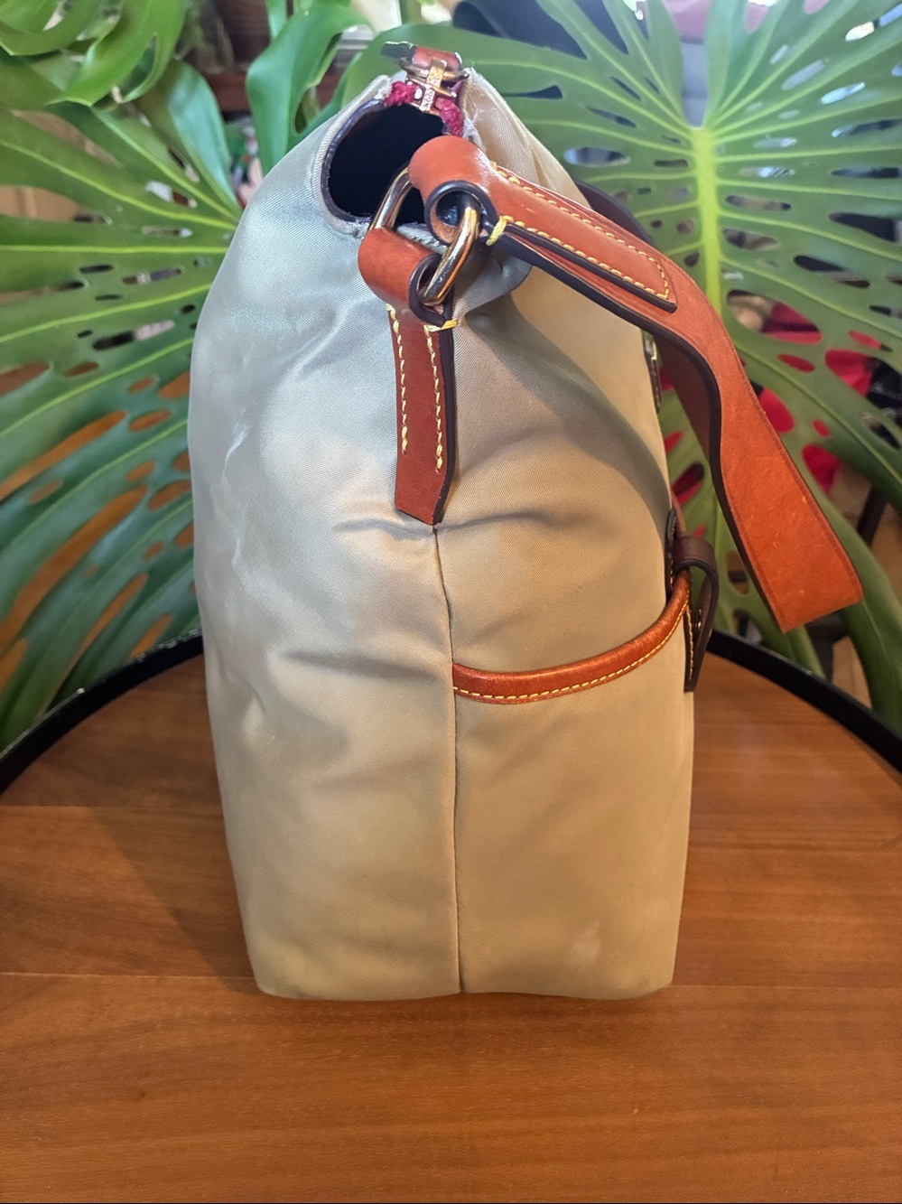 Dooney & Bourke Tan Satchel Nylon⁹ Hobo Bag with Brown Leather Trim - Picture 3 of 9